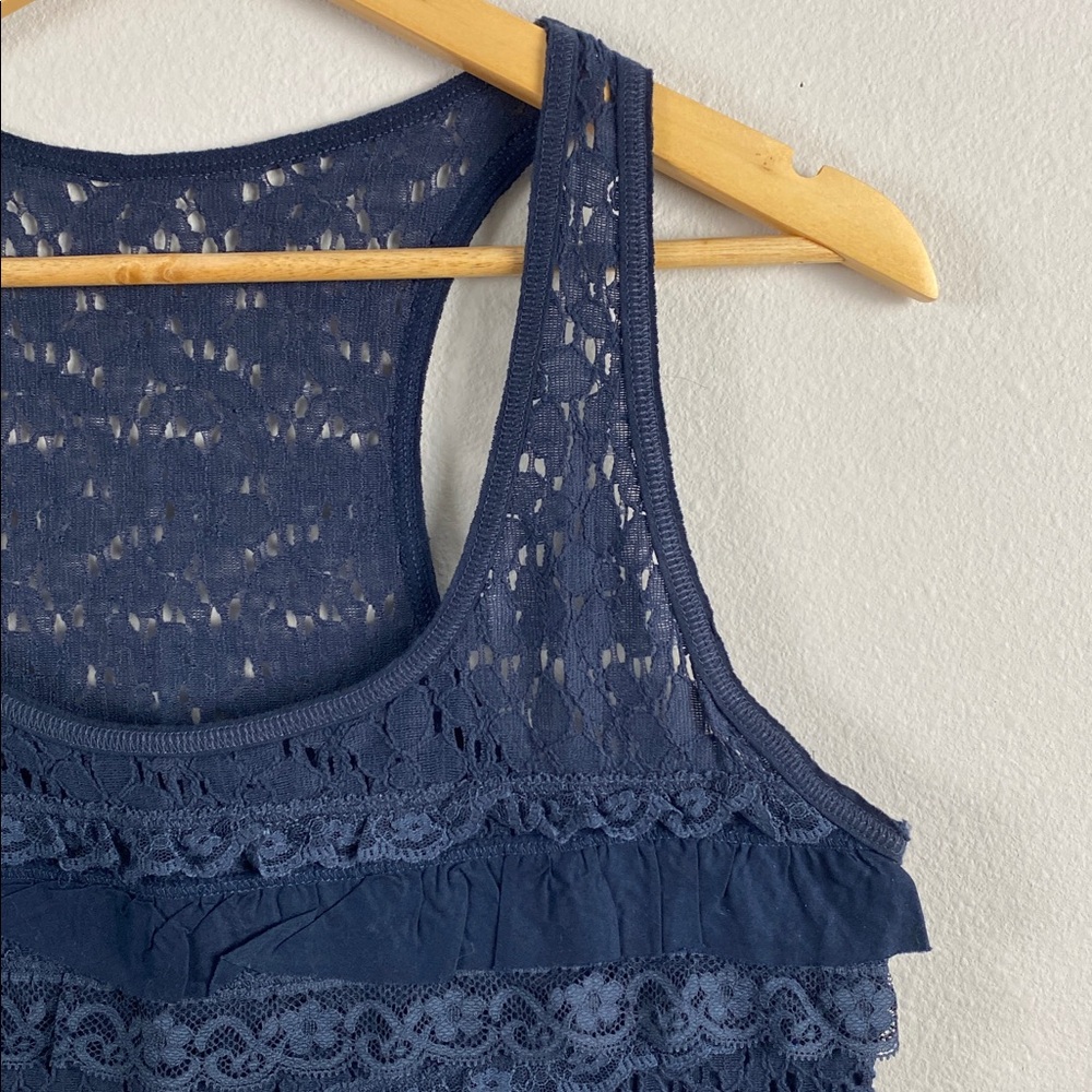 Abercrombie & Fitch Floral Lace Ruffle Layer Tank Top | Semi Sheer, Lined | Navy - Picture 10 of 16